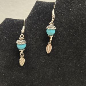 Hand Crafted Silver and Natural Blue Turquoise Bead Earrings with a Leaf Charm